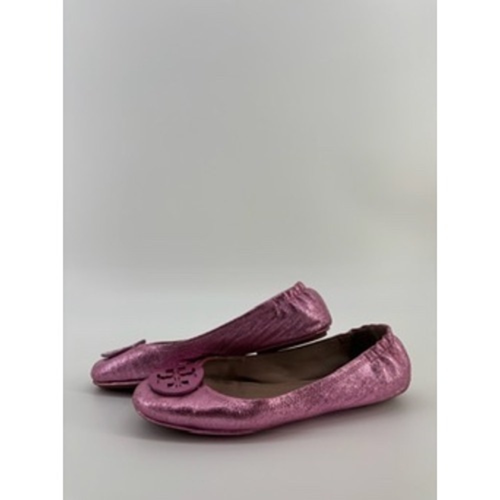 Tory Burch Minnie Travel Ballet Flats Metallic Pink Crackle Leather Logo Size7.5 - Picture 6 of 7